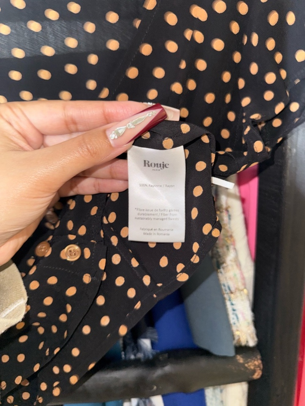 Rouje Ambroise Top Black Tan Polka Dot V Neck Button Front Blouse FR 36 US 4 EUC - Picture 5 of 7